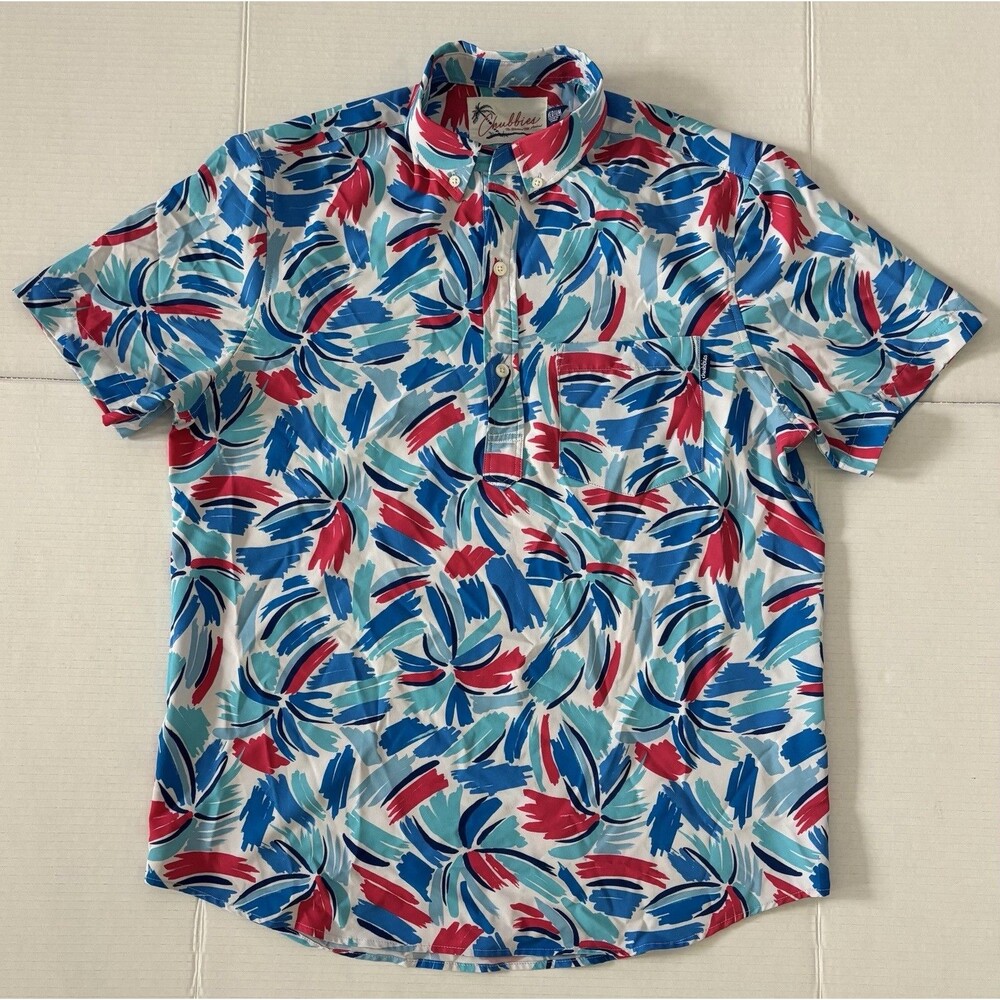 Chubbies The Nutter Shirt Men's Blue Pink Splashes Cotton Polo Shirt Medium